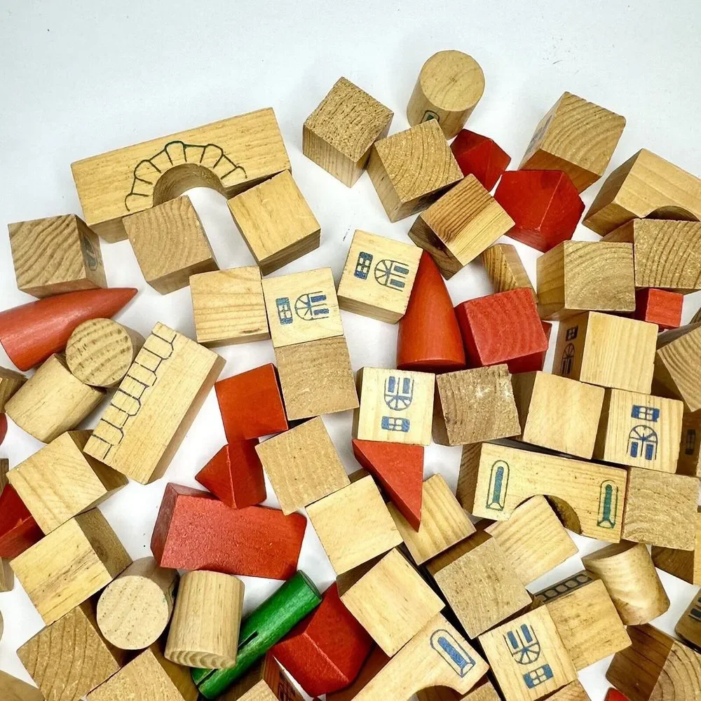 Vintage Building Blocks For Kids Town‎ Set 90 Pcs. Rounds, Rectangles, Triangles